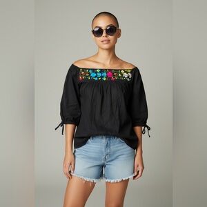 Embroidered Peasant Top Floral Accents Tie Sleeve‎ Blouse Boho Chic Size S